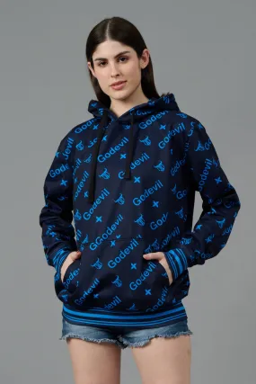 Go Devil All Over Print Blue Printed Black Hoodie for Women