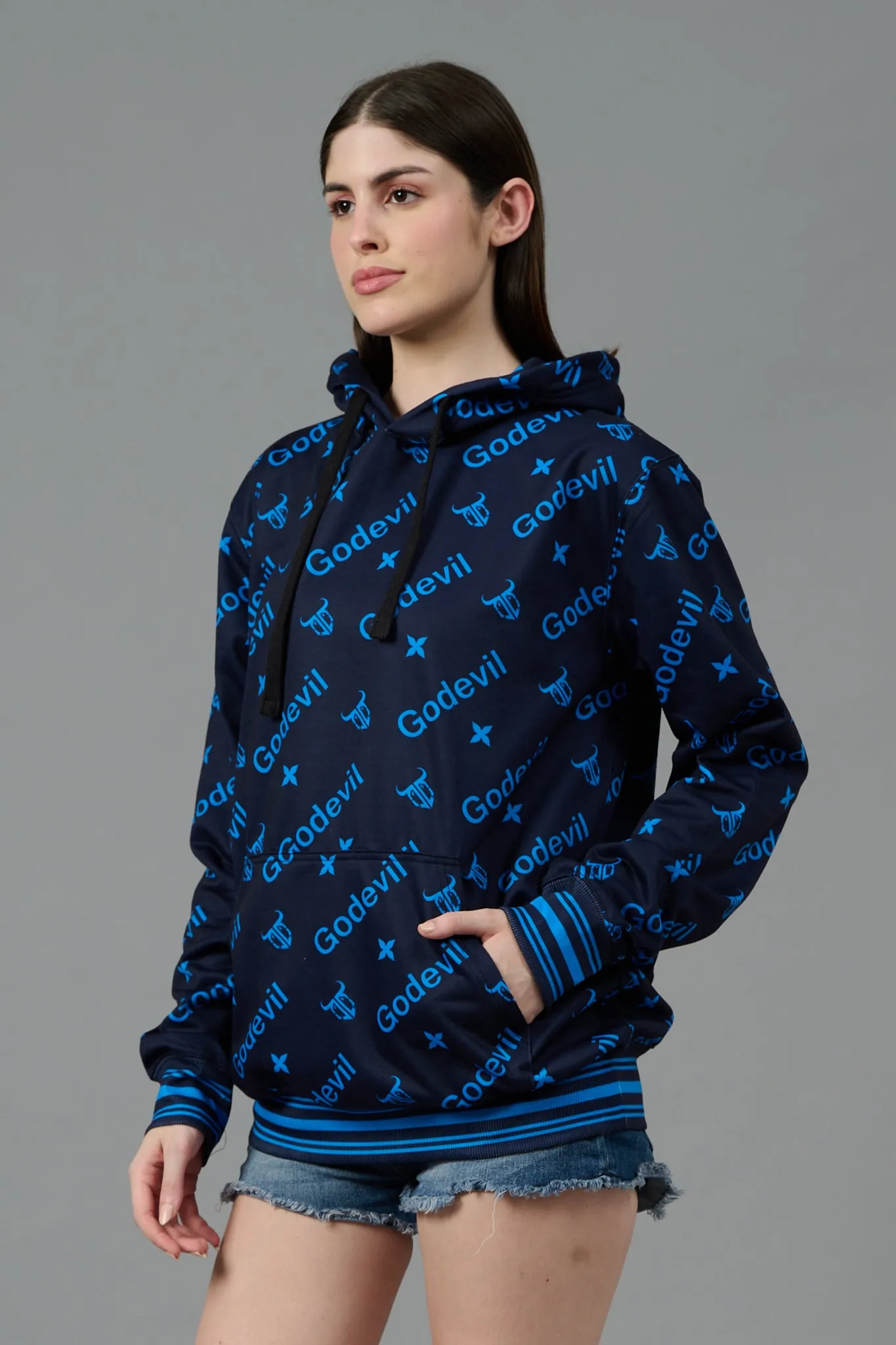 Go Devil All Over Print Blue Printed Black Hoodie for Women