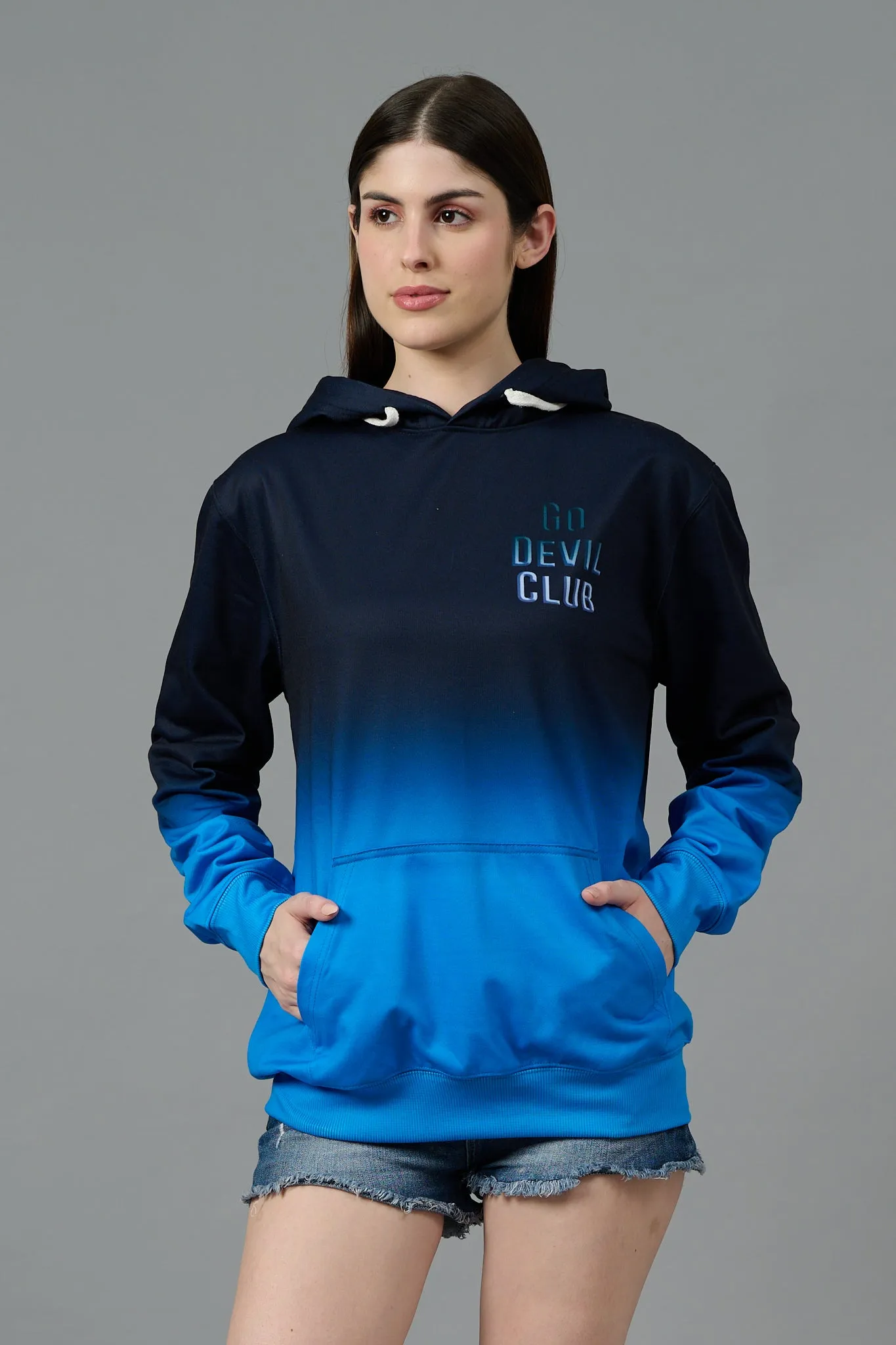 Go Devil Club Printed Black & Blue Hoodie for Women