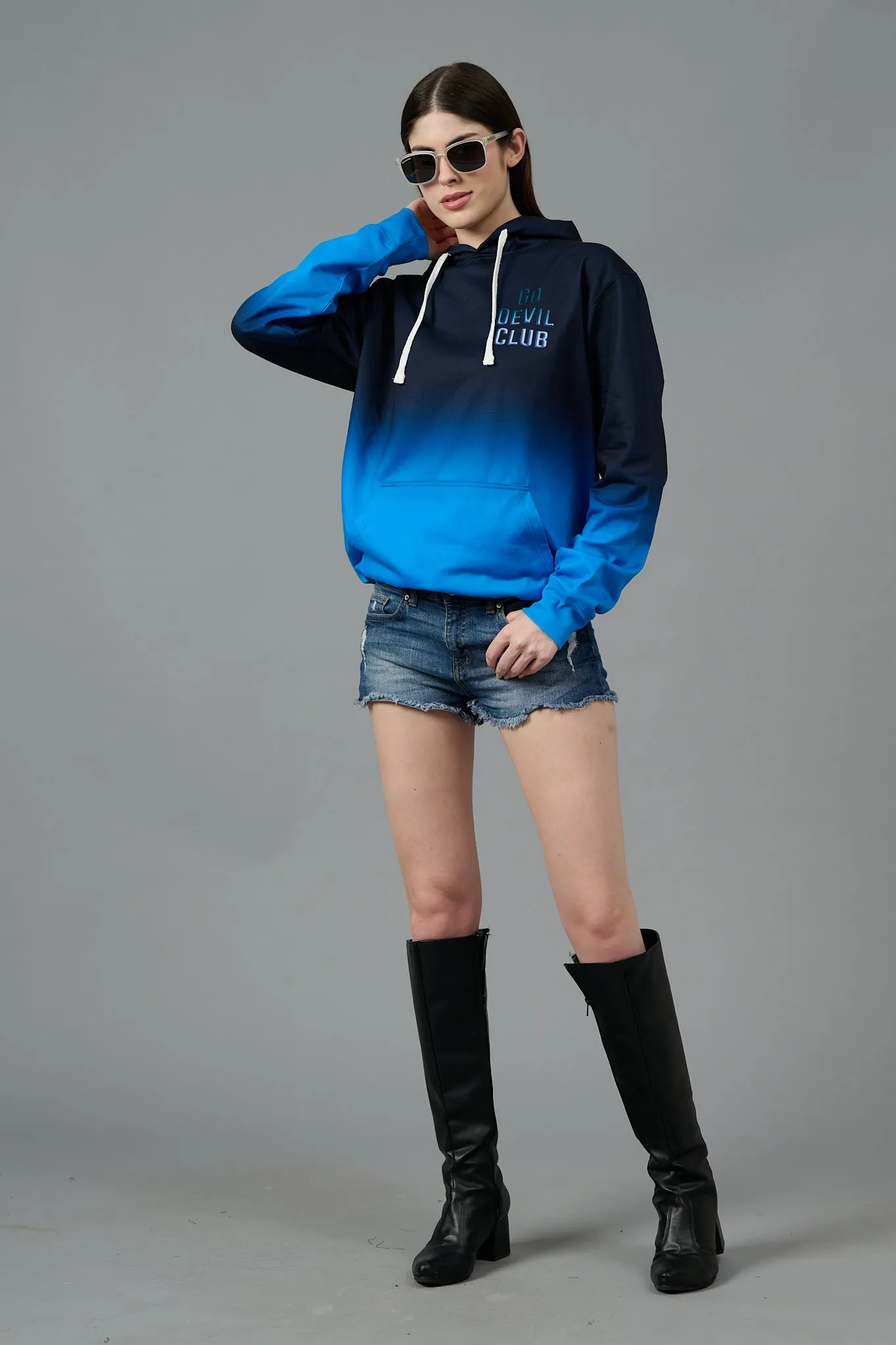 Go Devil Club Printed Black & Blue Hoodie for Women