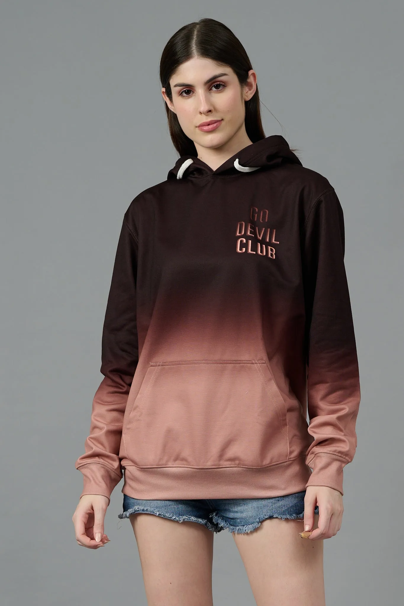 Go Devil Club Printed Rose Gold & Brown Hoodie for Women