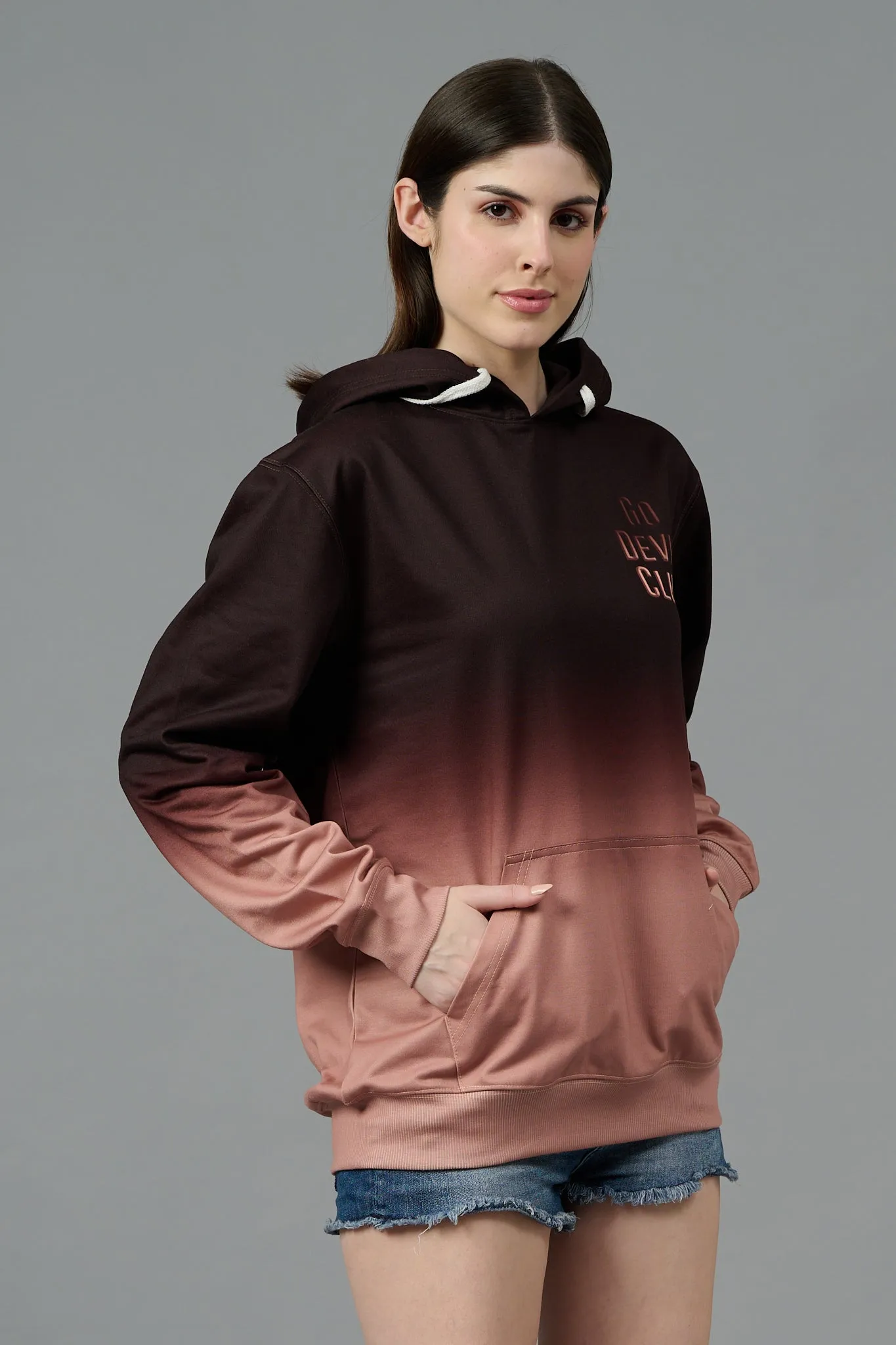 Go Devil Club Printed Rose Gold & Brown Hoodie for Women