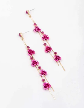 Gold Climbing Hot Pink Rose Drop Earrings