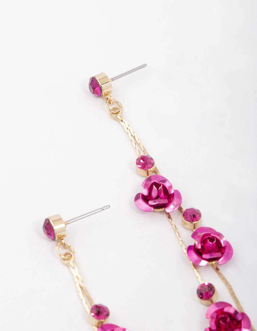 Gold Climbing Hot Pink Rose Drop Earrings