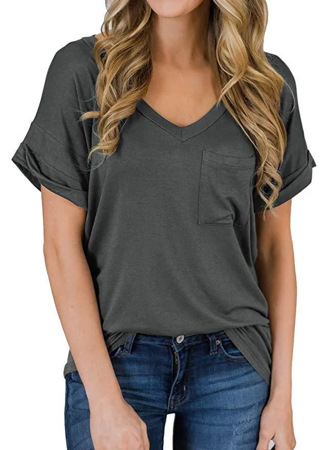 Haute Edition Women's Loose Relaxed Fit V-Neck SummerTopT-Shirt With Pocket