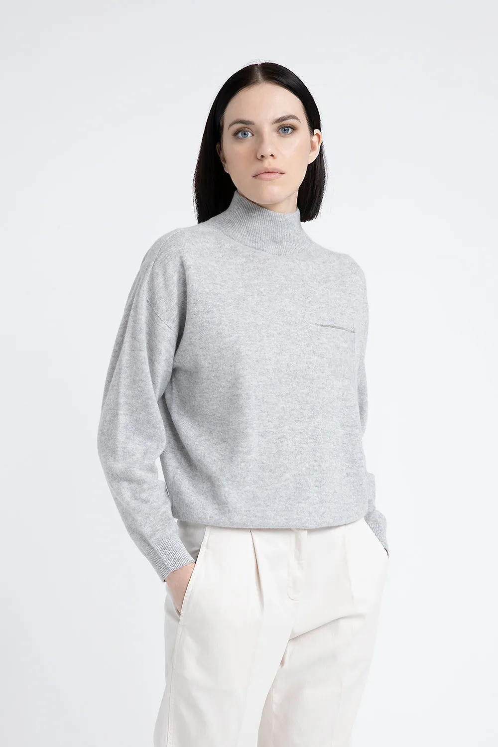 High neck sweater in cashmere and Lurex