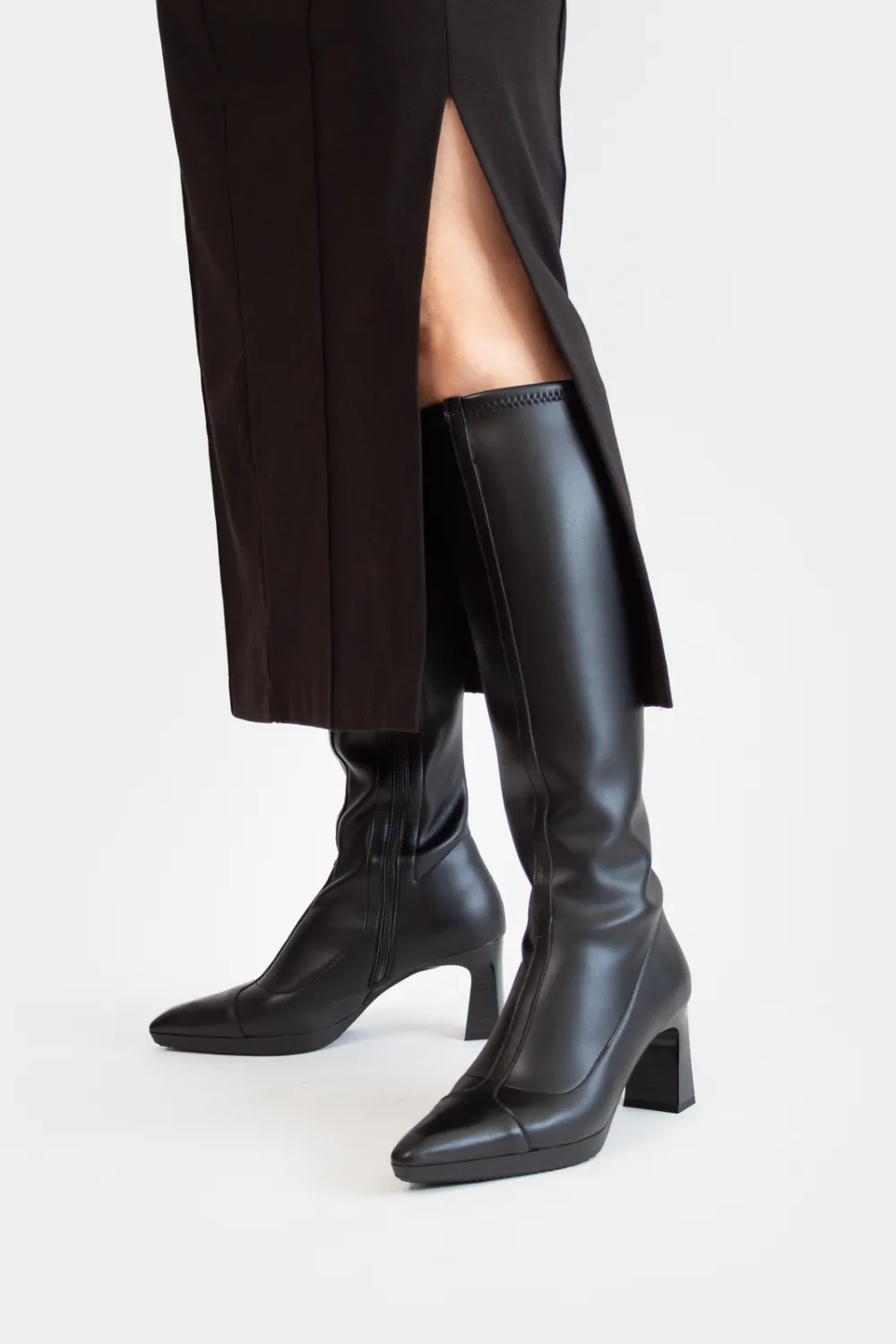 HISPANITAS HI243687 BLACK LEATHER BLOCK HEEL KNEE HIGH BOOTS