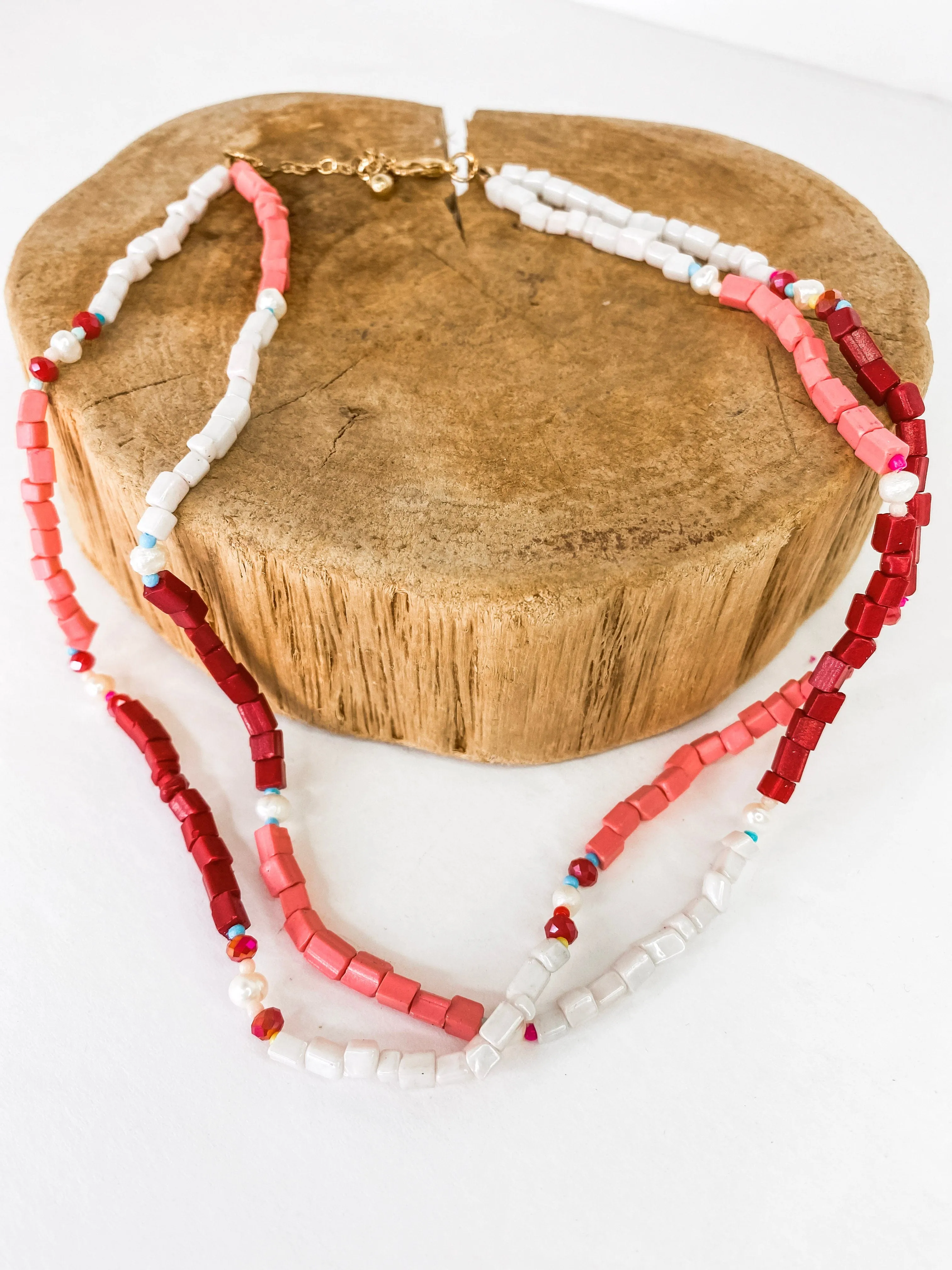 Hot Pink and Red Beaded Necklace