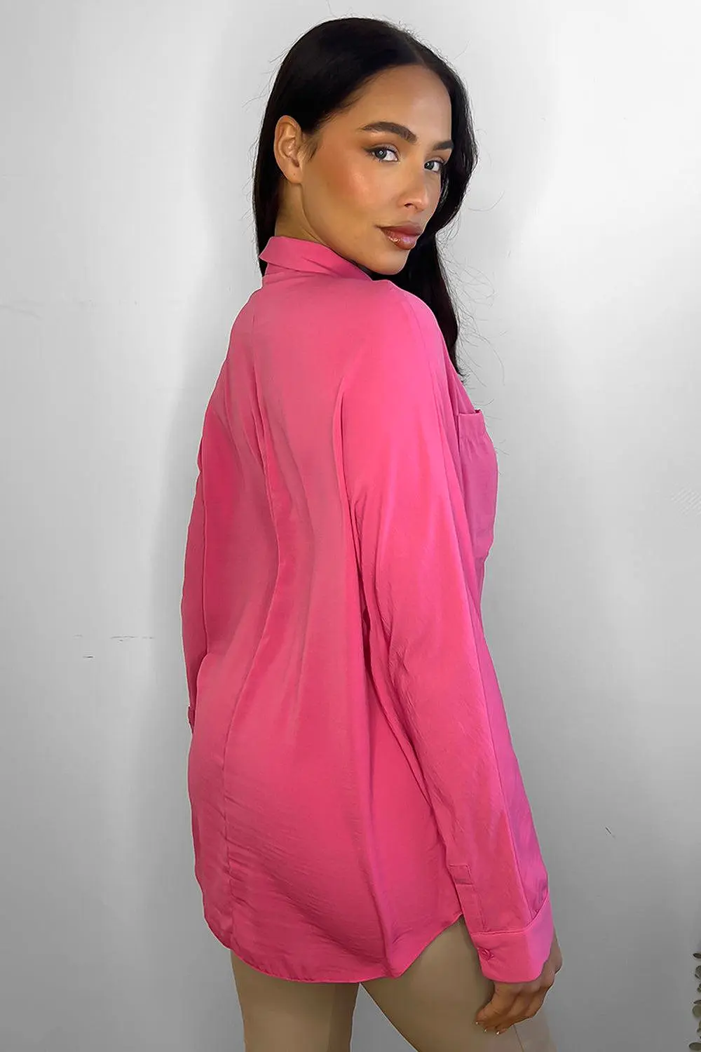 Hot Pink Crepe Open Chest Pockets Shirt