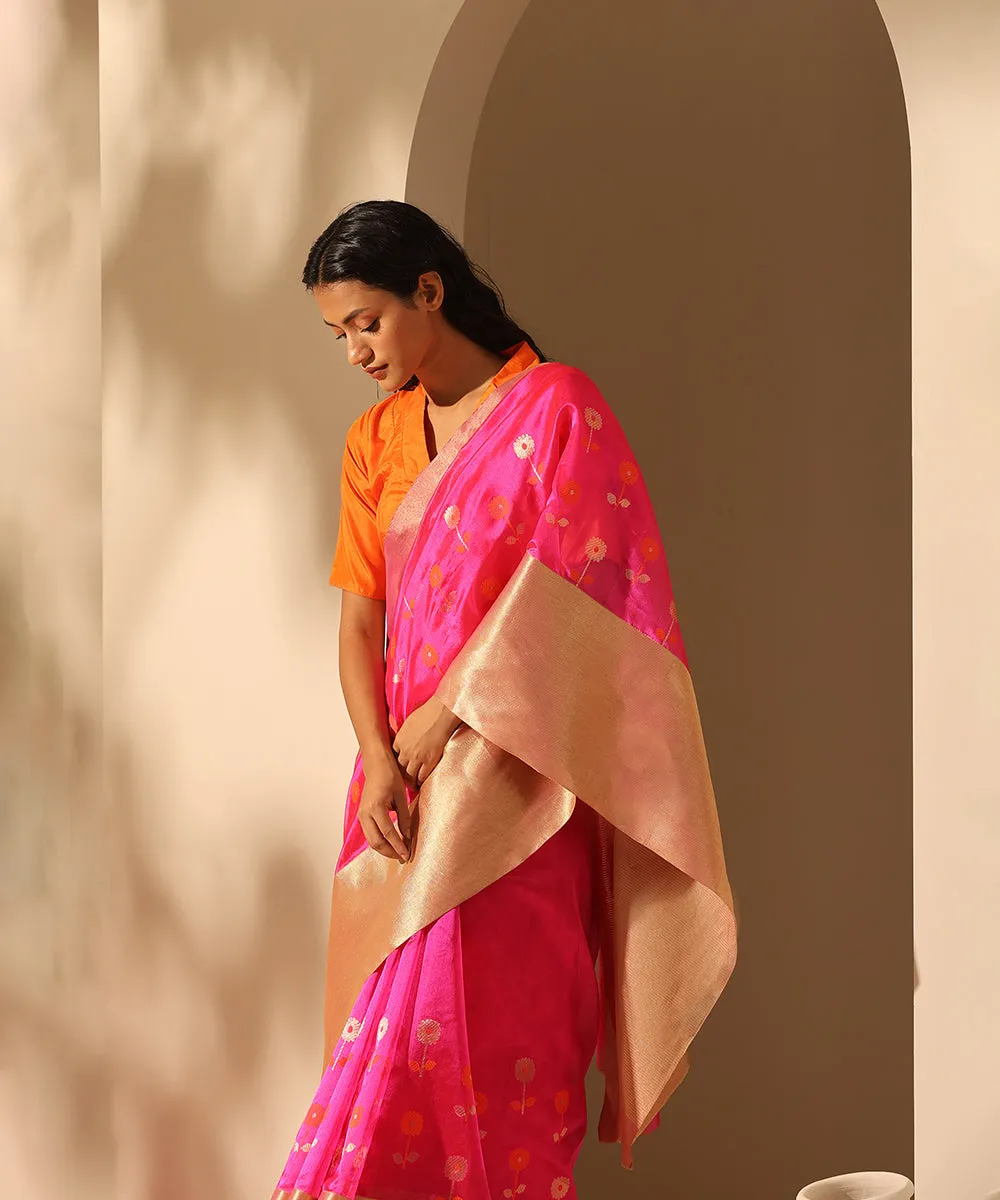 Hot Pink Handloom Pure Chanderi Saree With Dopatti Booti And Nakshi Border