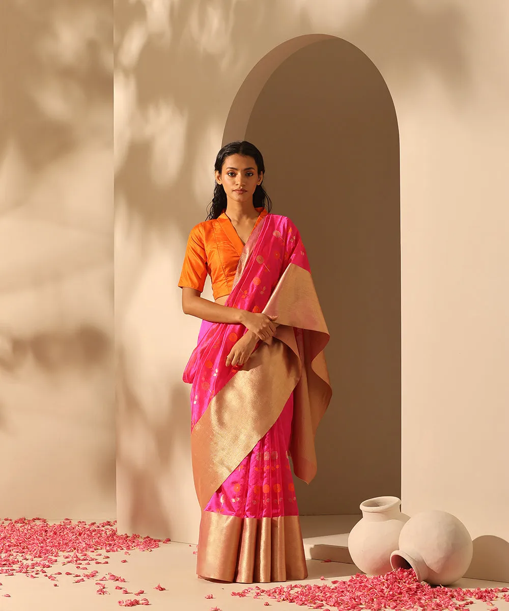 Hot Pink Handloom Pure Chanderi Saree With Dopatti Booti And Nakshi Border