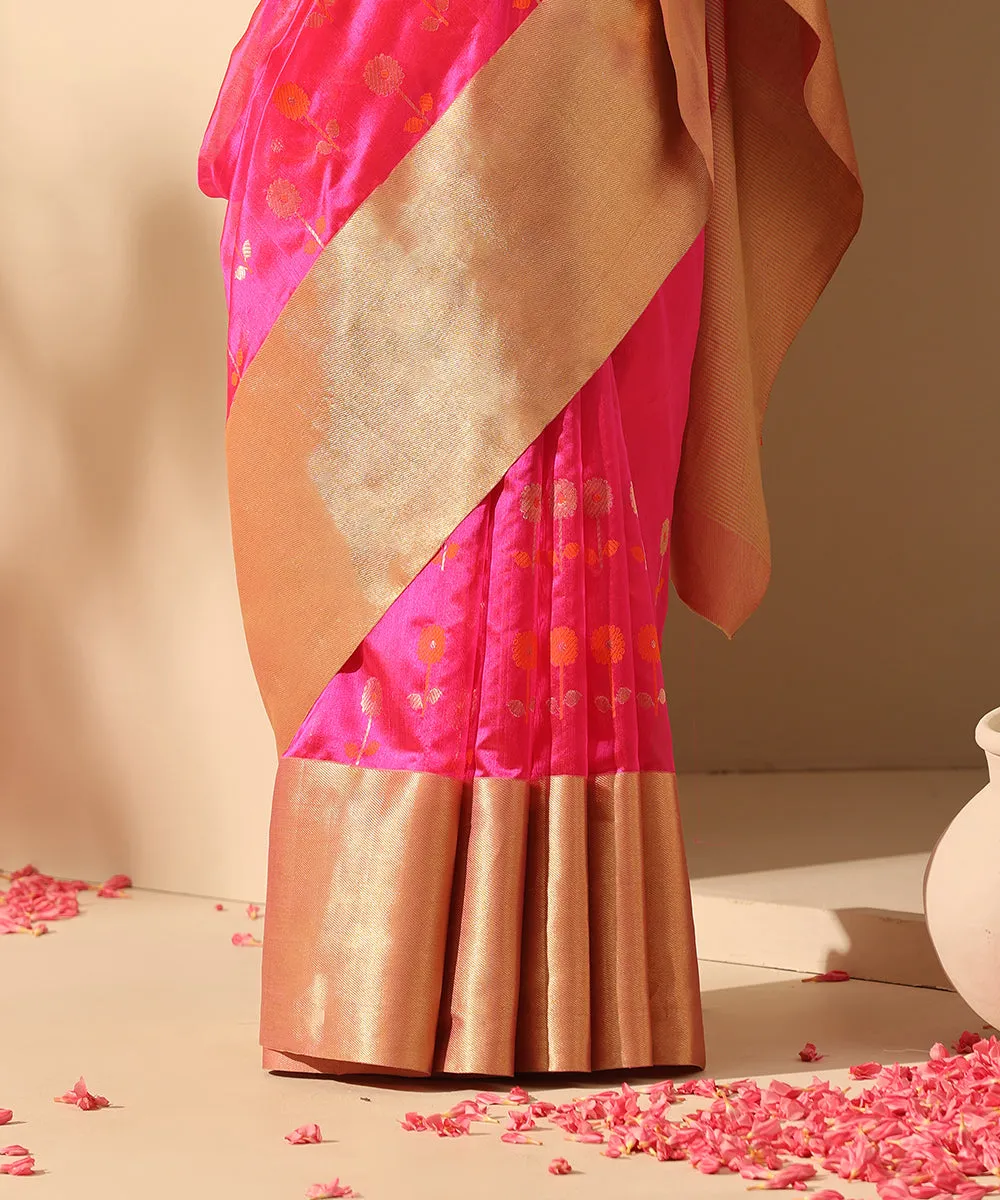 Hot Pink Handloom Pure Chanderi Saree With Dopatti Booti And Nakshi Border