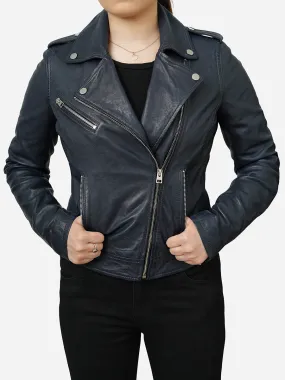 Jasika Genuine Vintage Blue Leather Biker Jacket