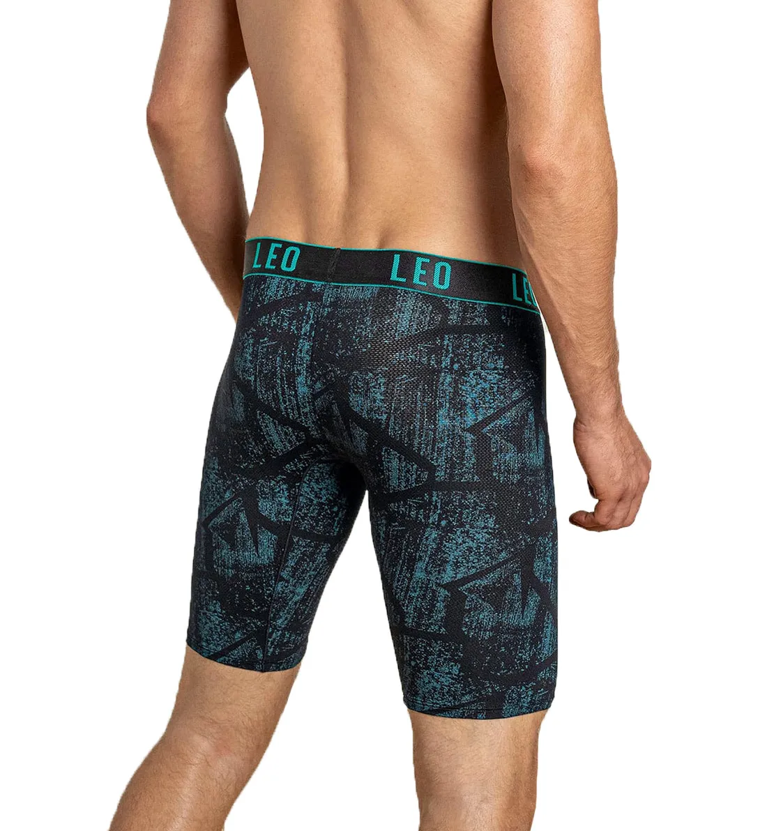 LEO Men's Perfect Fit Long Leg Boxer Brief (033290N) - Black Print