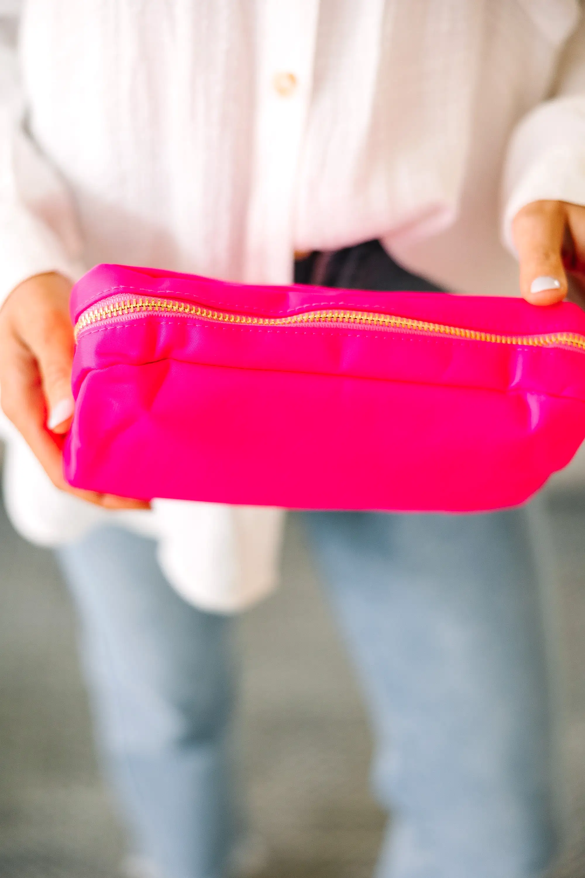 Let's Get Going Hot Pink Varsity Cosmetic Bag, Medium