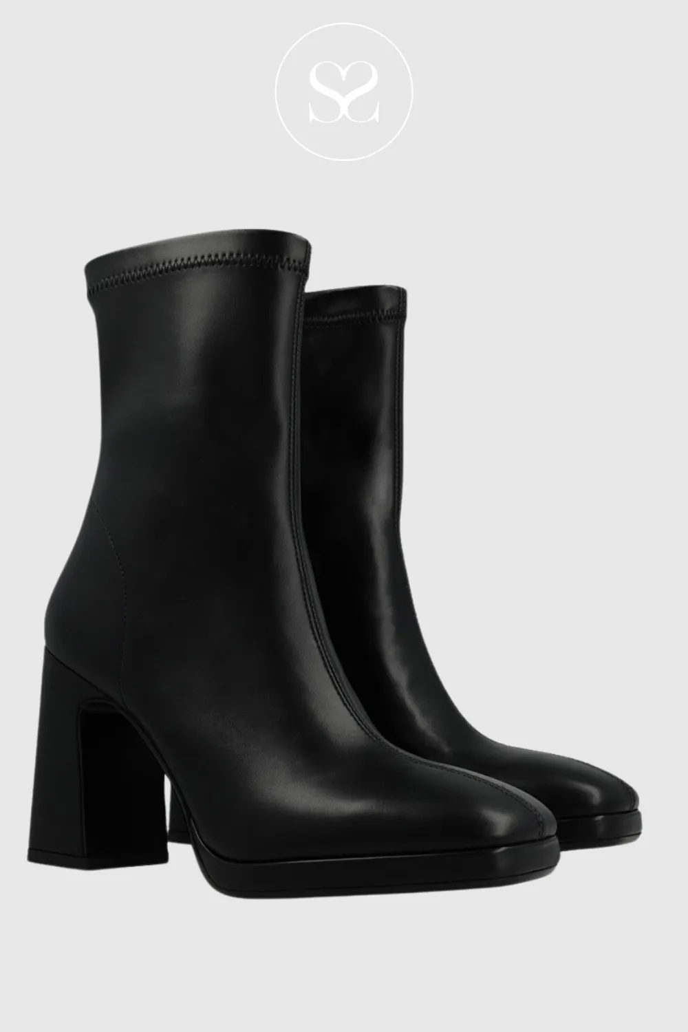 LODI LAIRA BLACK STRETCH LEATHER BLOCK HEEL ANKLE BOOTS