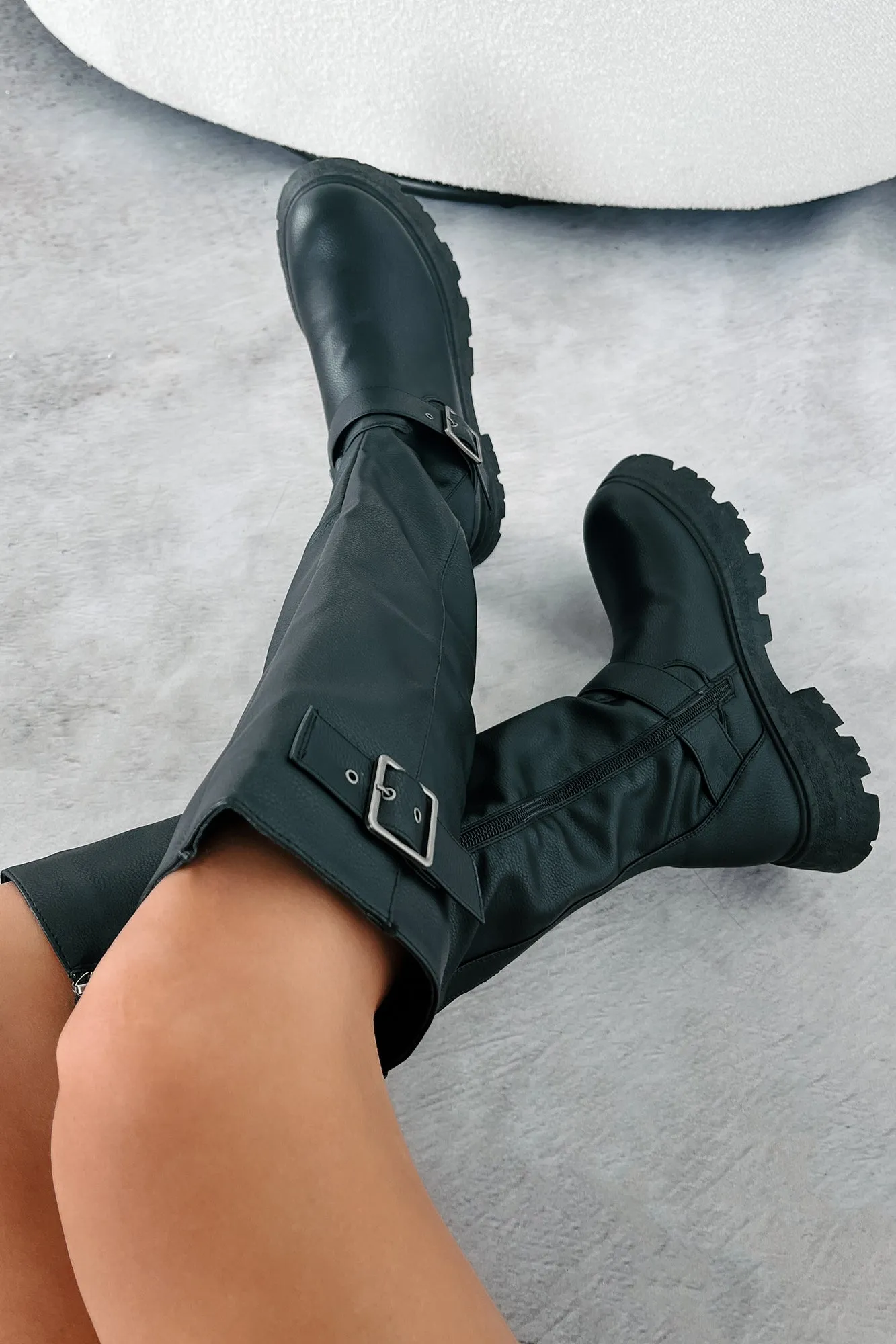 Loud Revelations Buckle Strap Knee High Boots (Black PU)