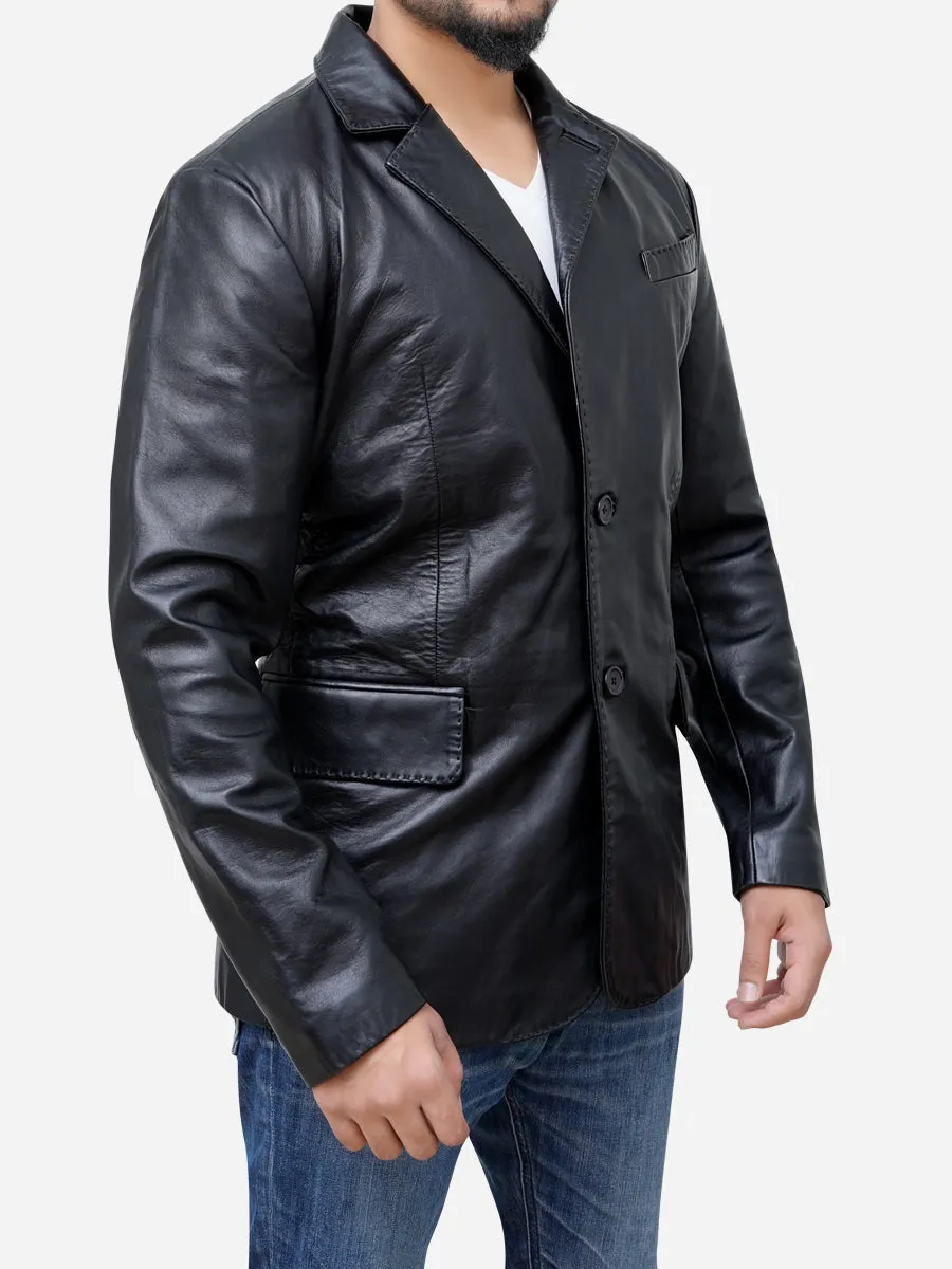 Men Two Button Casual Black Genuine Leather Blazer Coat