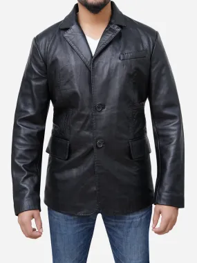 Men Two Button Casual Black Genuine Leather Blazer Coat