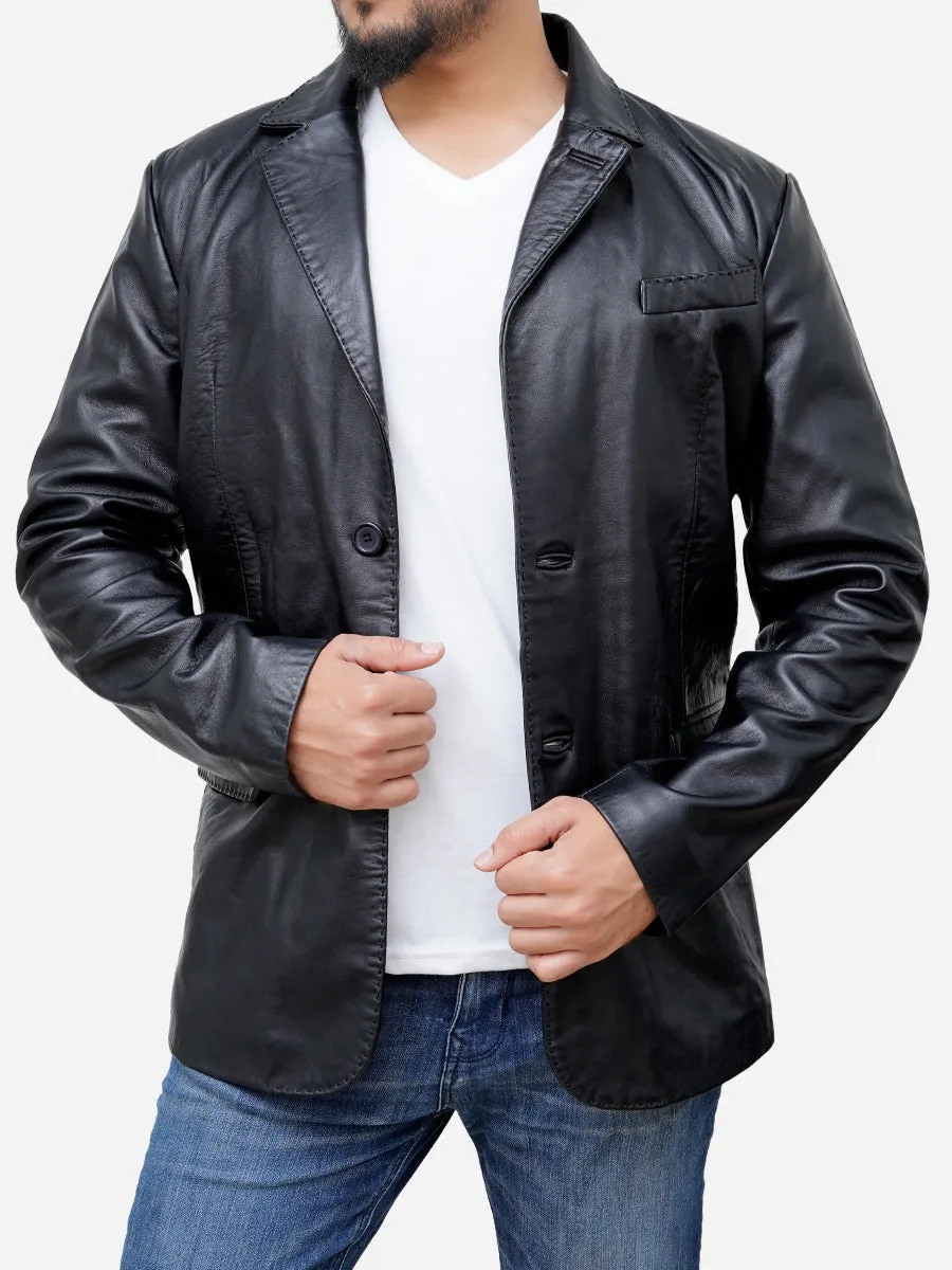 Men Two Button Casual Black Genuine Leather Blazer Coat