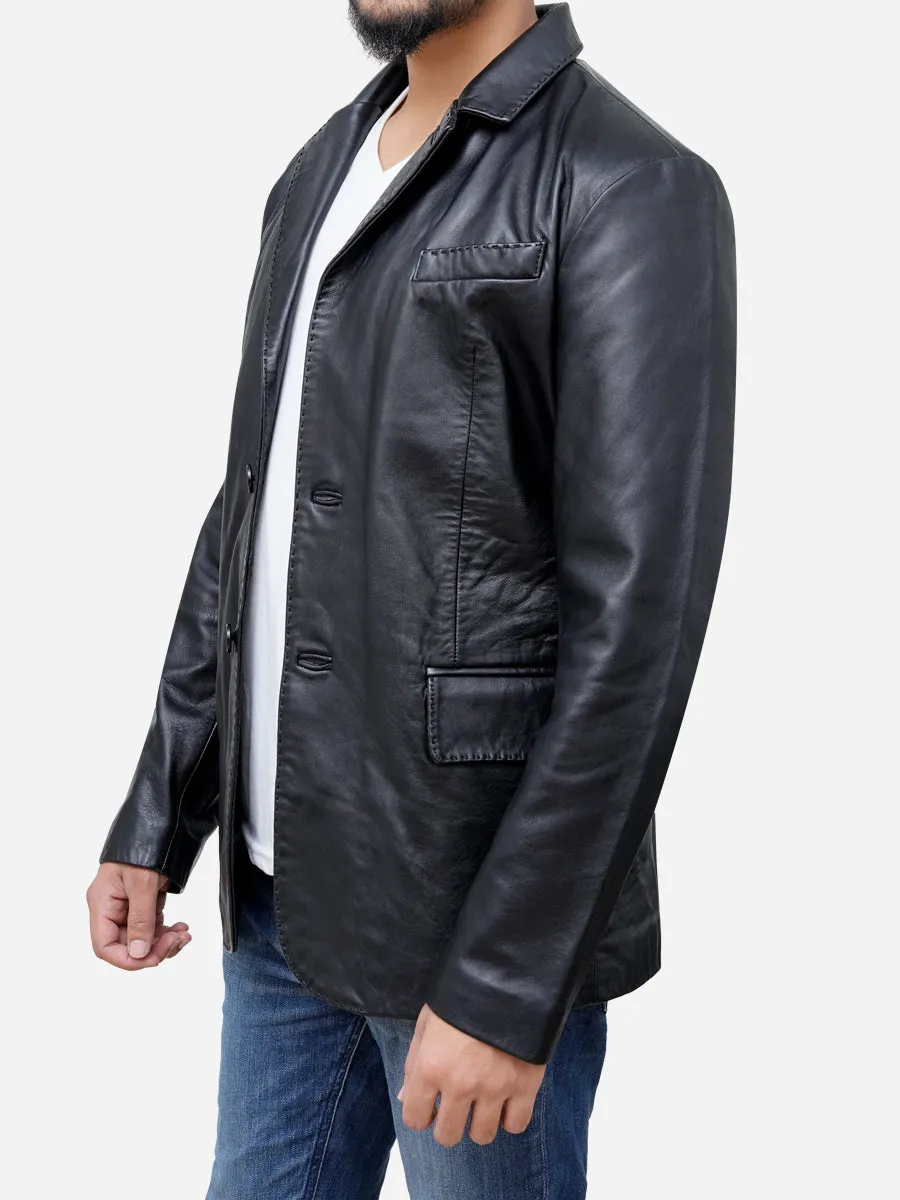 Men Two Button Casual Black Genuine Leather Blazer Coat