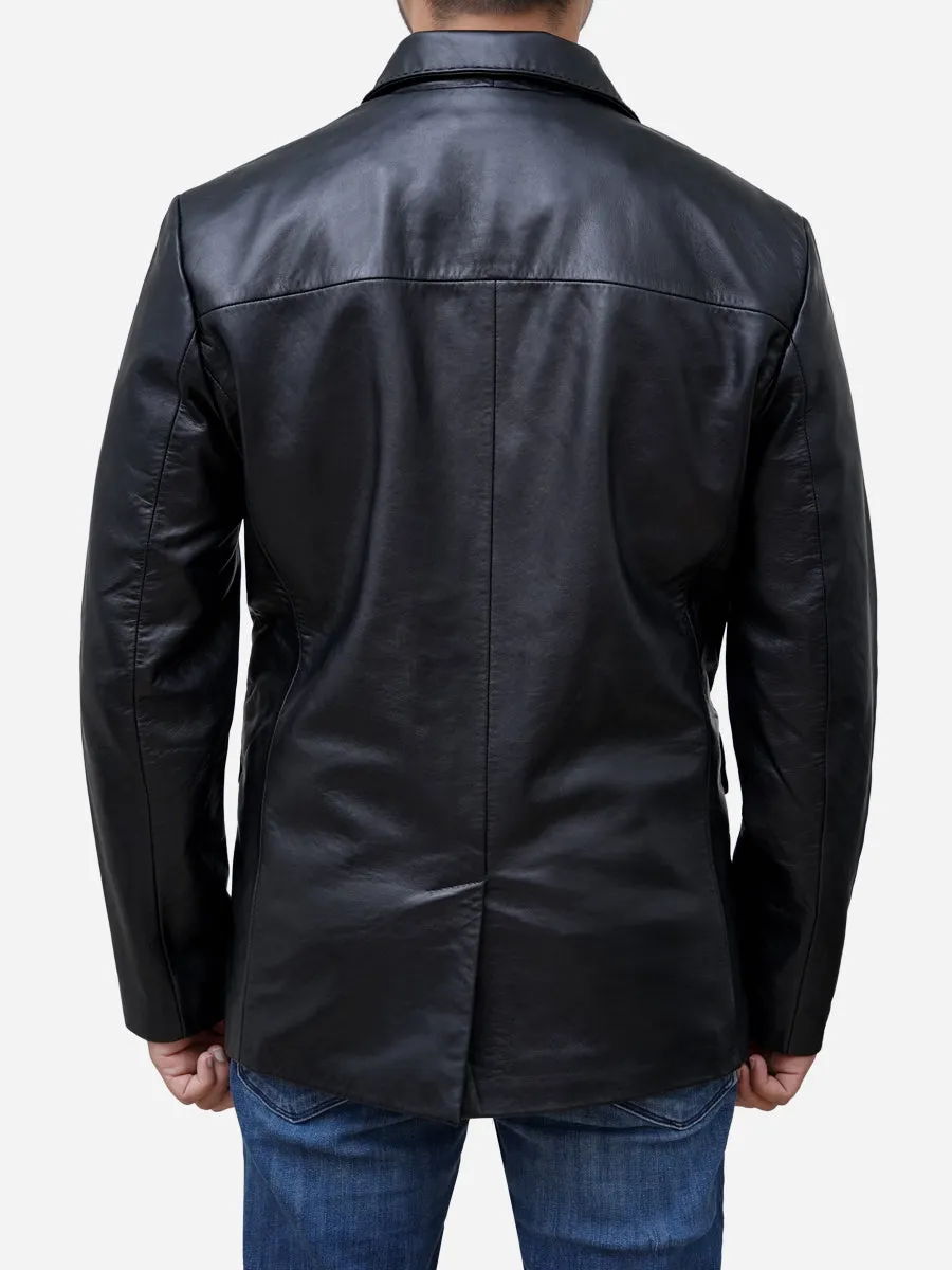 Men Two Button Casual Black Genuine Leather Blazer Coat