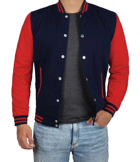 Men's Red and Navy Blue Varsity Jacket - Baseball Bomber Style