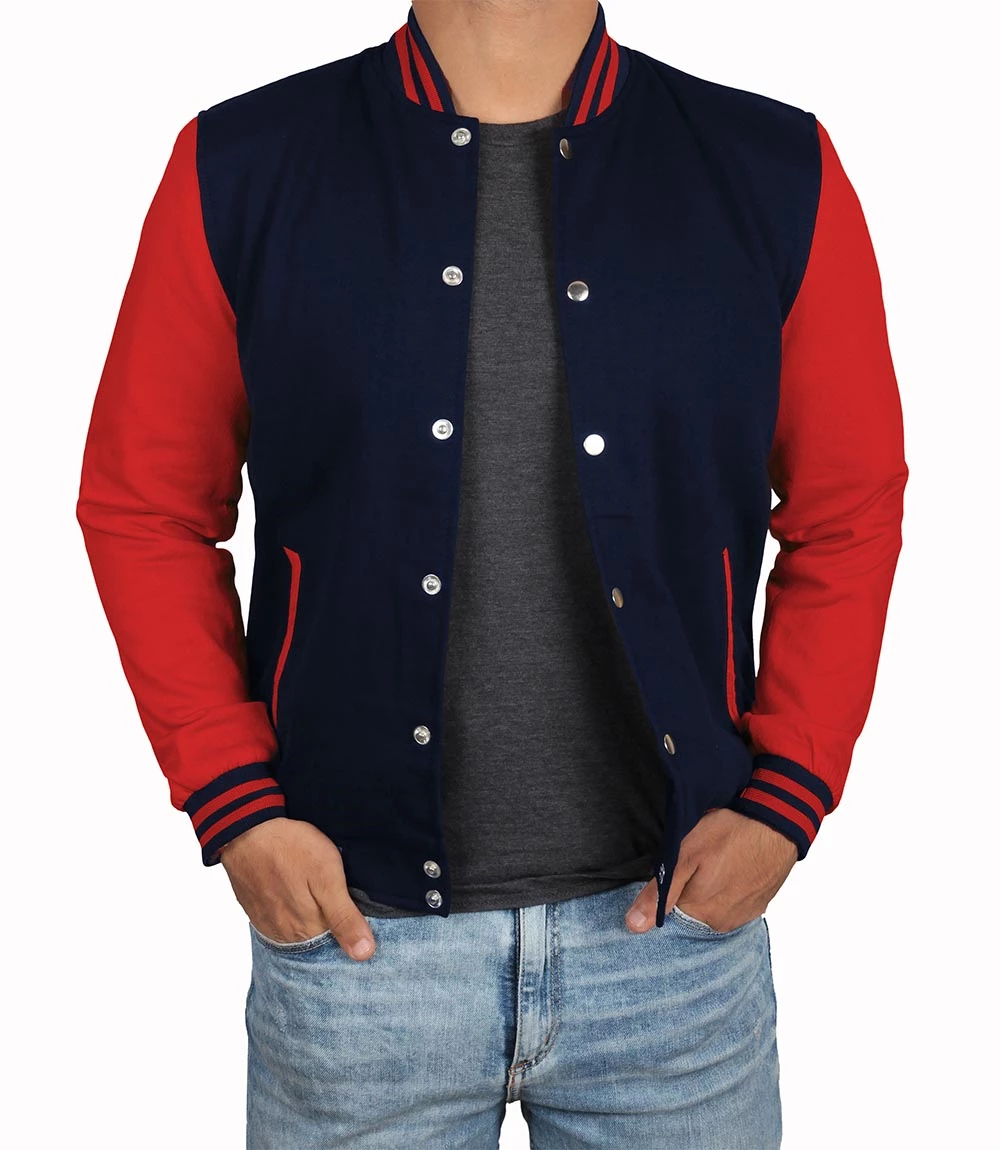 Men's Red and Navy Blue Varsity Jacket - Baseball Bomber Style