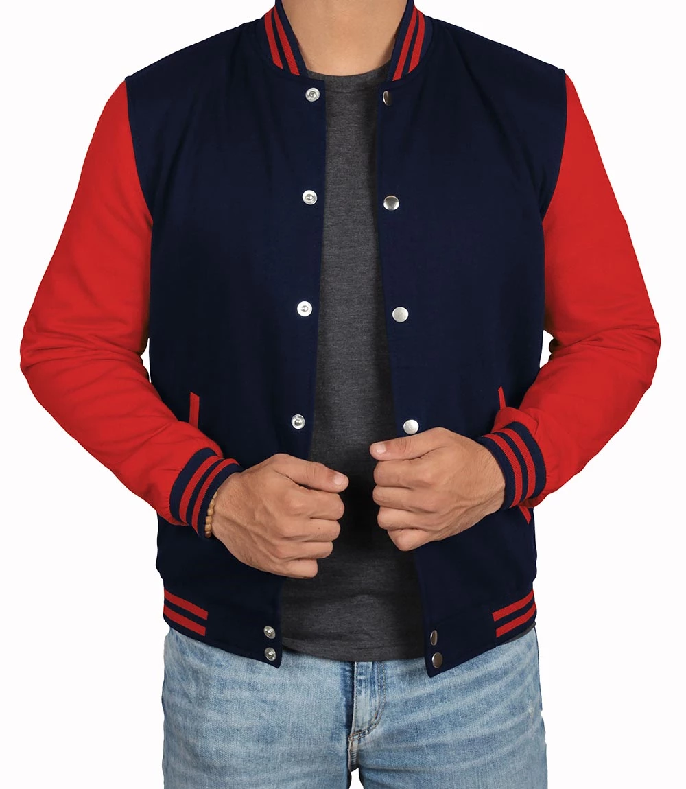 Men's Red and Navy Blue Varsity Jacket - Baseball Bomber Style