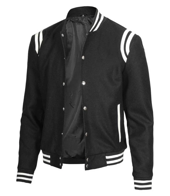 Men's Wool Black Varsity Jacket with White Detailing | Letterman Style