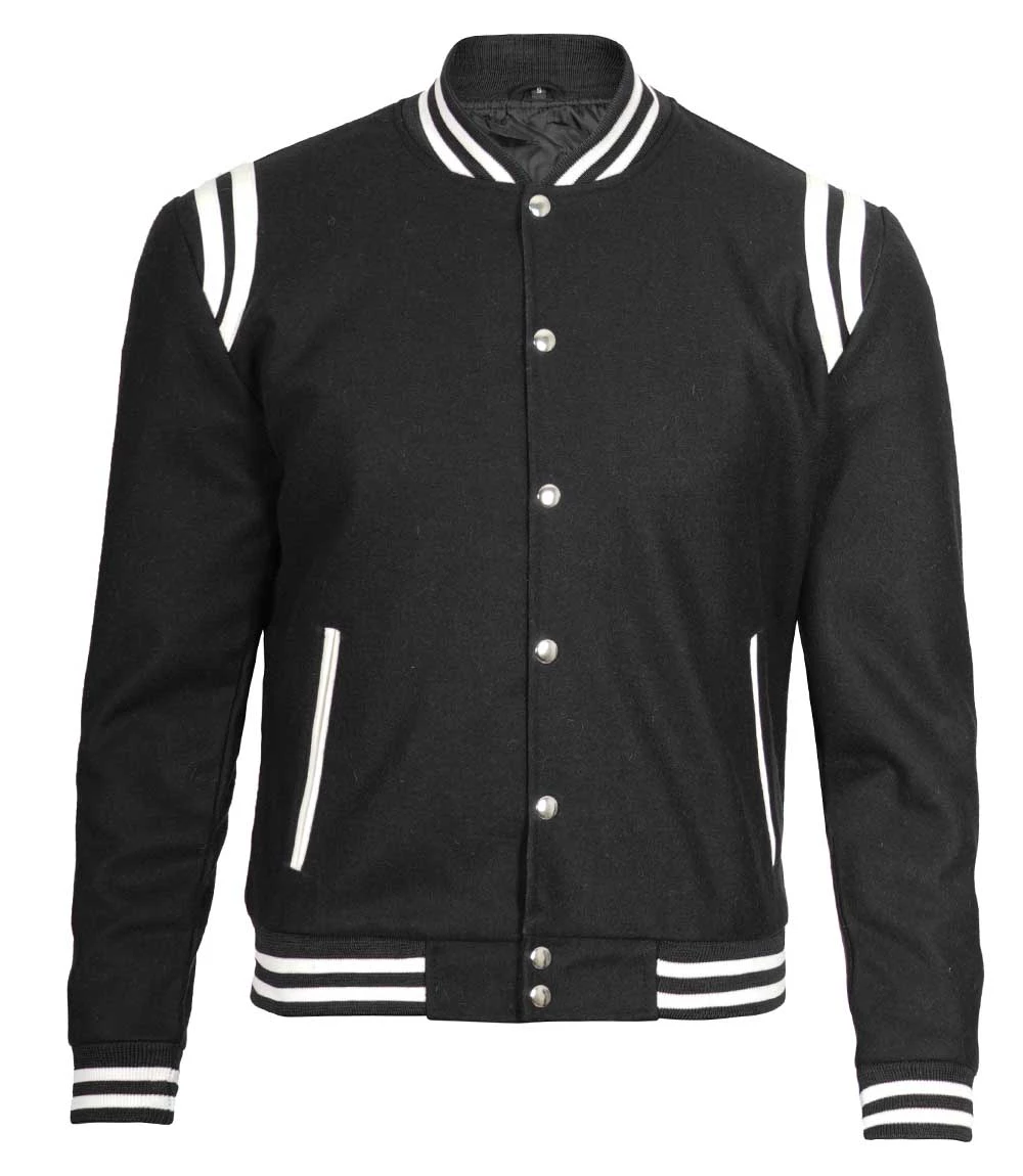 Men's Wool Black Varsity Jacket with White Detailing | Letterman Style