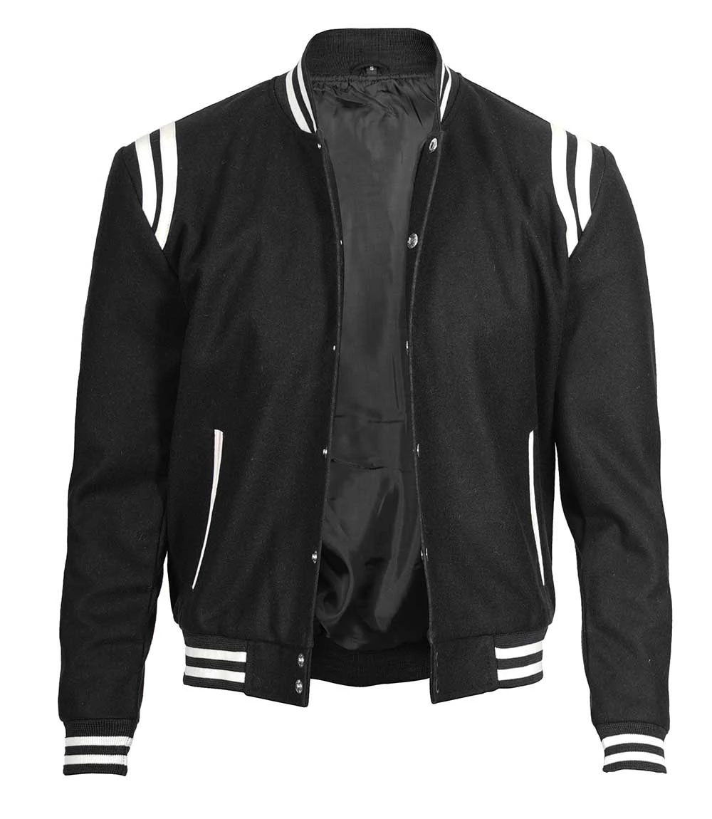 Men's Wool Black Varsity Jacket with White Detailing | Letterman Style