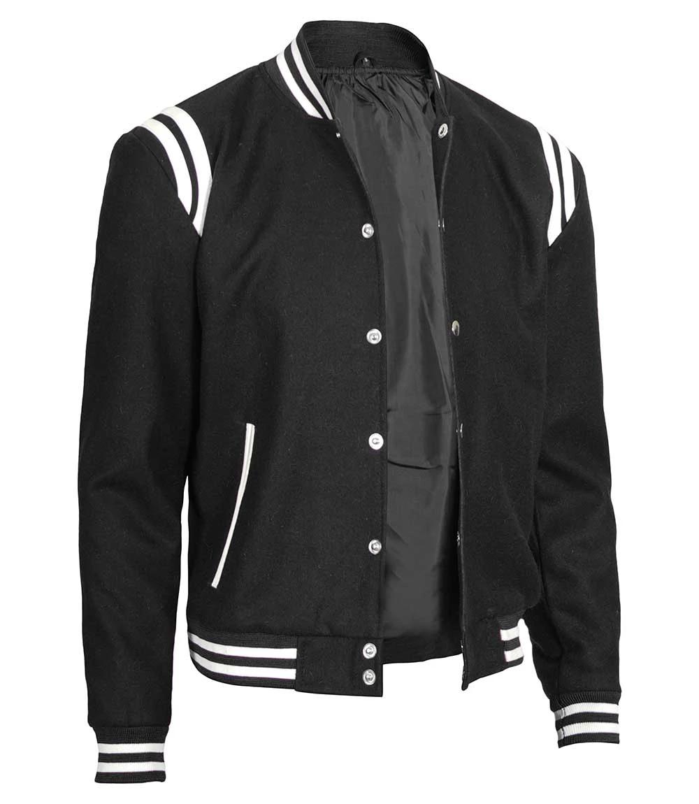 Men's Wool Black Varsity Jacket with White Detailing | Letterman Style