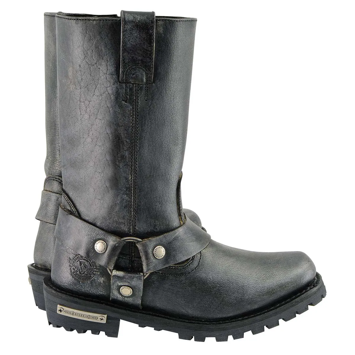 Men's Distressed Leather 11-inch Gray Square Toes Motorcycle Harness Boots