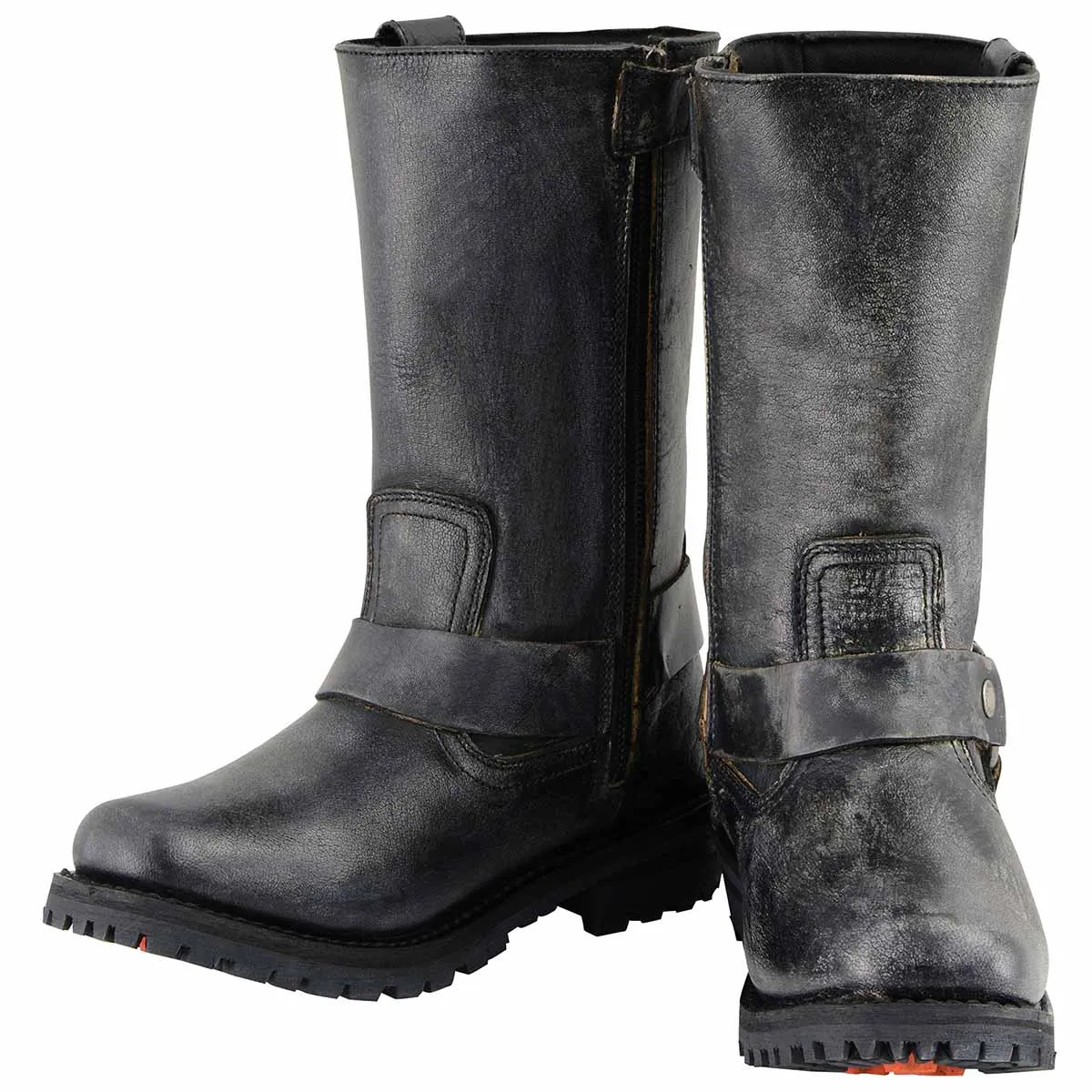 Men's Distressed Leather 11-inch Gray Square Toes Motorcycle Harness Boots