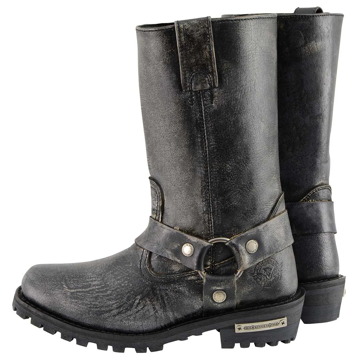 Men's Distressed Leather 11-inch Gray Square Toes Motorcycle Harness Boots