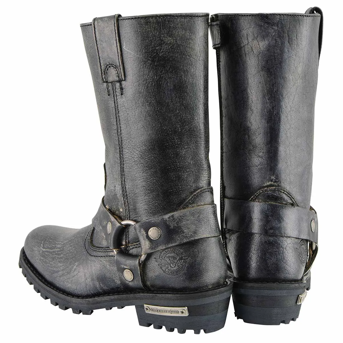 Men's Distressed Leather 11-inch Gray Square Toes Motorcycle Harness Boots