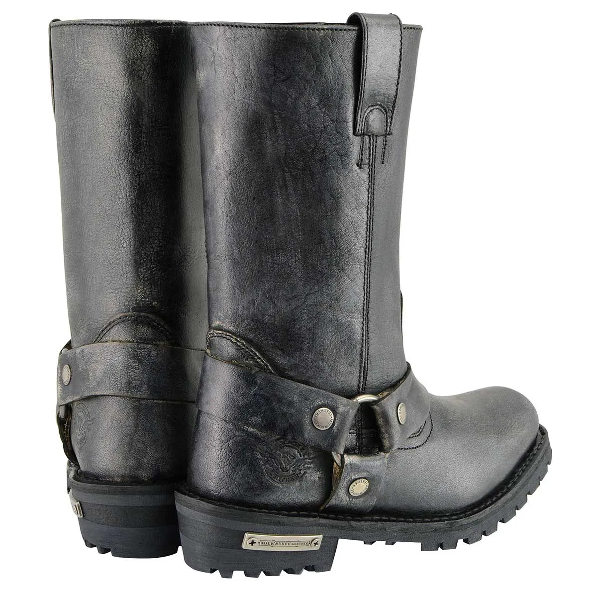 Men's Distressed Leather 11-inch Gray Square Toes Motorcycle Harness Boots