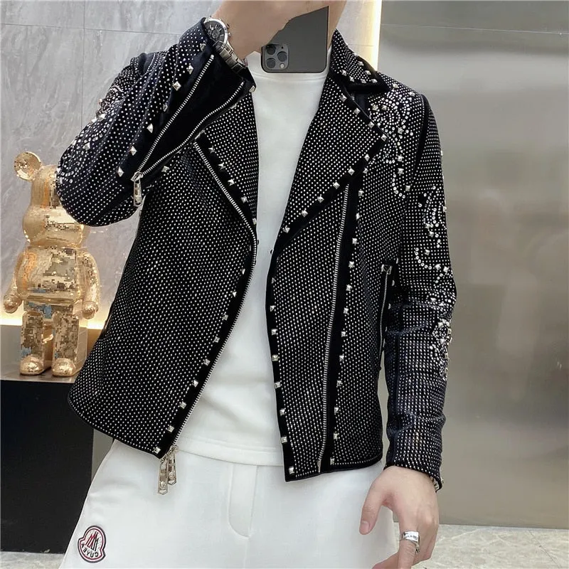 Men's Luxury Punk Casual Polyester Diamond Rhinestones Bomber Jacket