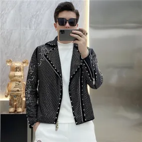 Men's Luxury Punk Casual Polyester Diamond Rhinestones Bomber Jacket