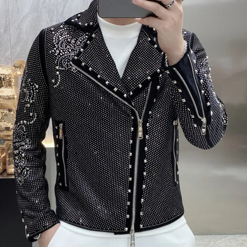 Men's Luxury Punk Casual Polyester Diamond Rhinestones Bomber Jacket