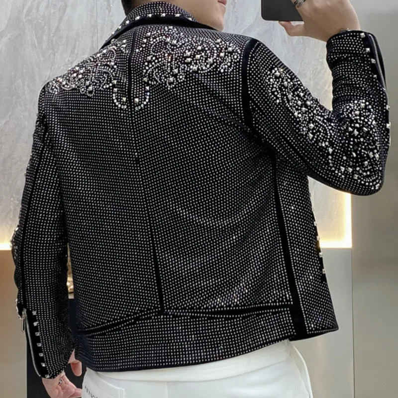 Men's Luxury Punk Casual Polyester Diamond Rhinestones Bomber Jacket