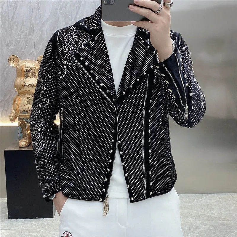 Men's Luxury Punk Casual Polyester Diamond Rhinestones Bomber Jacket