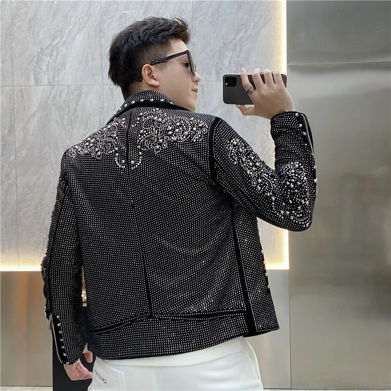 Men's Luxury Punk Casual Polyester Diamond Rhinestones Bomber Jacket