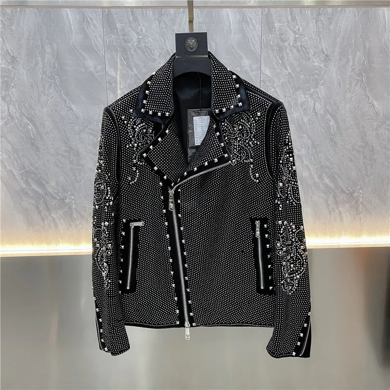 Men's Luxury Punk Casual Polyester Diamond Rhinestones Bomber Jacket