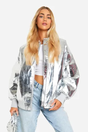 Metallic Oversized Faux Leather Bomber Jacket