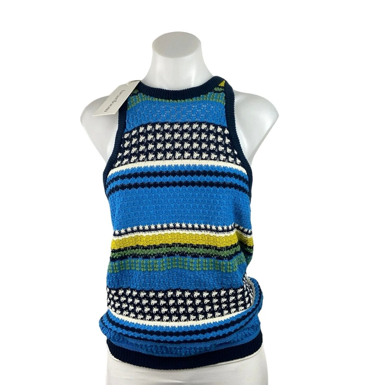 Mixology Heartloom Kenzie NWT Blue Stripe Cotton Crochet Knit Sweater Tank Top L