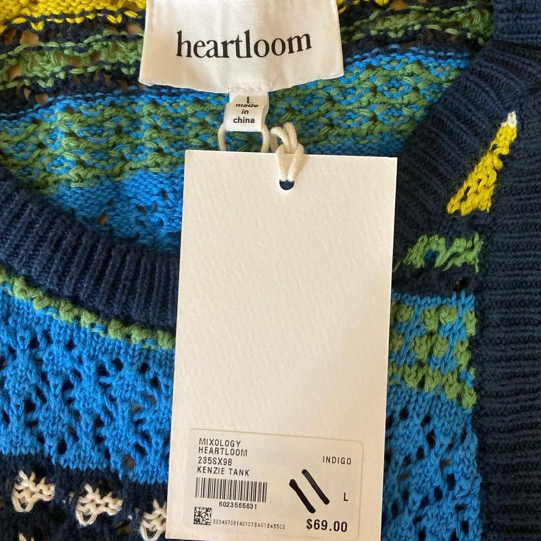 Mixology Heartloom Kenzie NWT Blue Stripe Cotton Crochet Knit Sweater Tank Top L