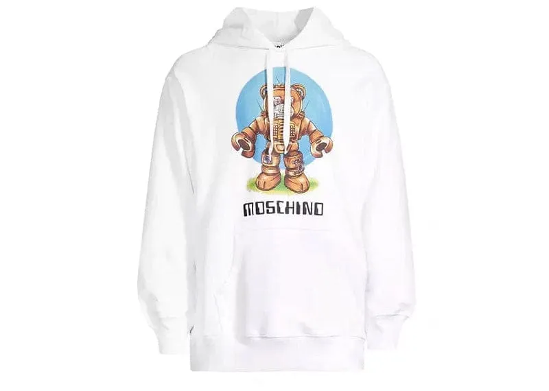 Moschino Robot Bear Drawstring Hoodie White