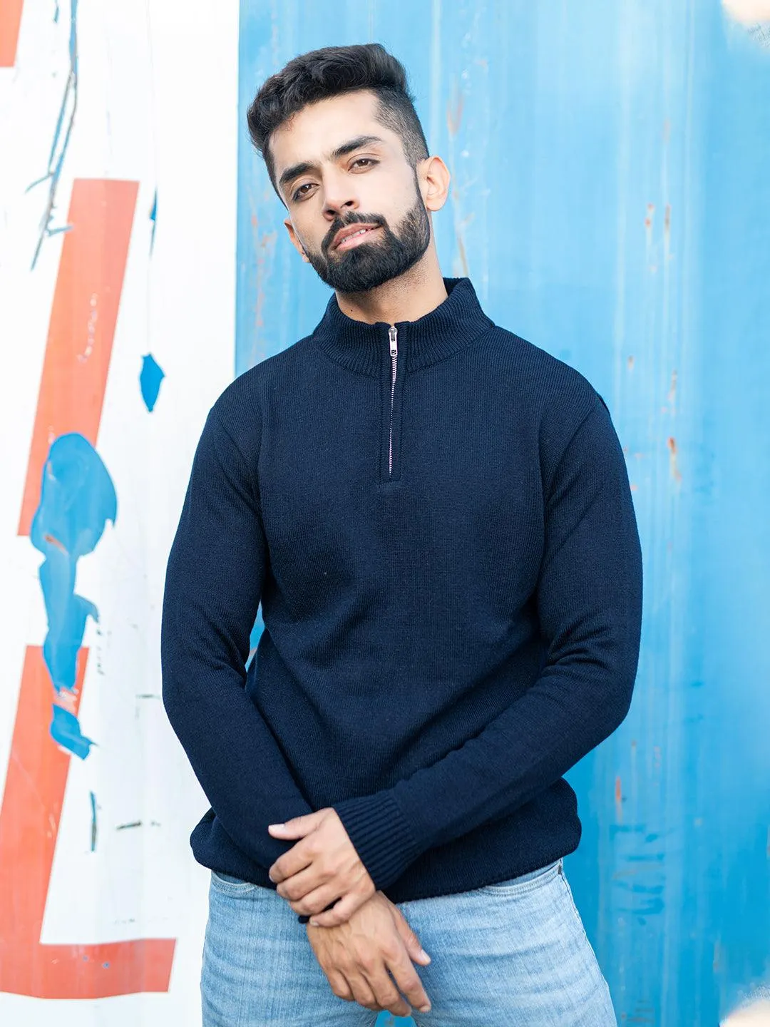 Navy Blue Color Classic Zipper Men's Sweater